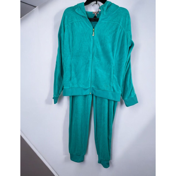Juicy Couture Y2K Terry Velour Track Jacket Pants Teal Rhinestone J Jogger Set L - Picture 2 of 16